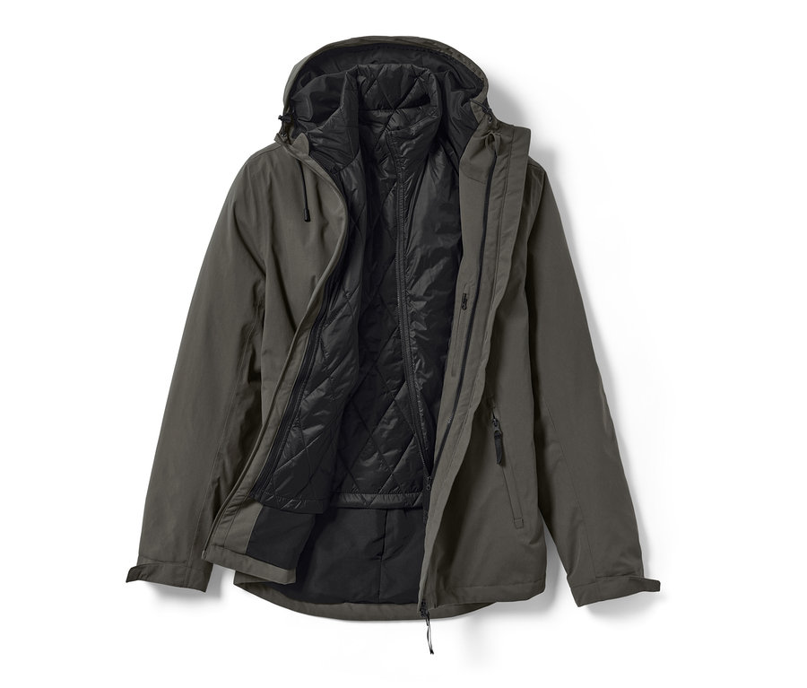 Ausgebreitete 3-in-1-Outdoorjacke mit Weste, die Jacke ist olivgrün und die Weste ist schwarz.