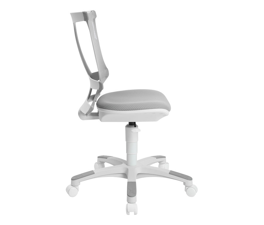 Nahaufnahme eines grauen Topstar Kinderstuhls »SITNESS X CHAIR 10« mit weißem Rahmen und Rollen.