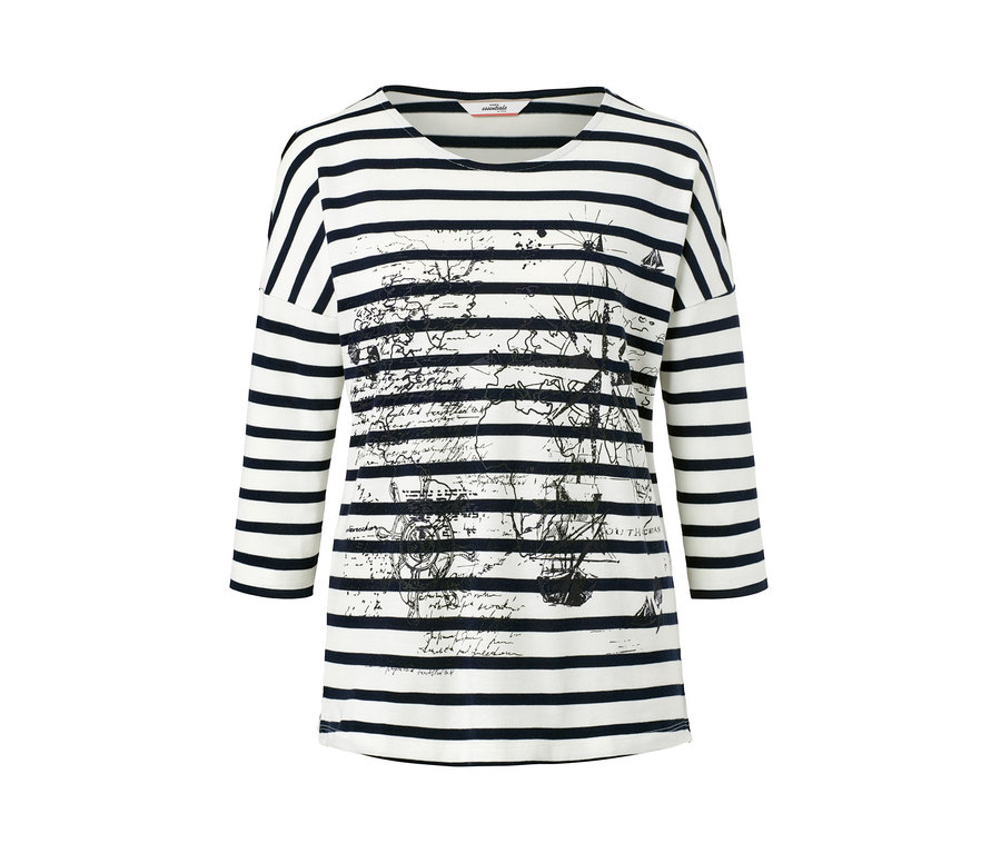 Gestreiftes Shirt mit 3/4-Arm und Weltkarten-Druck.