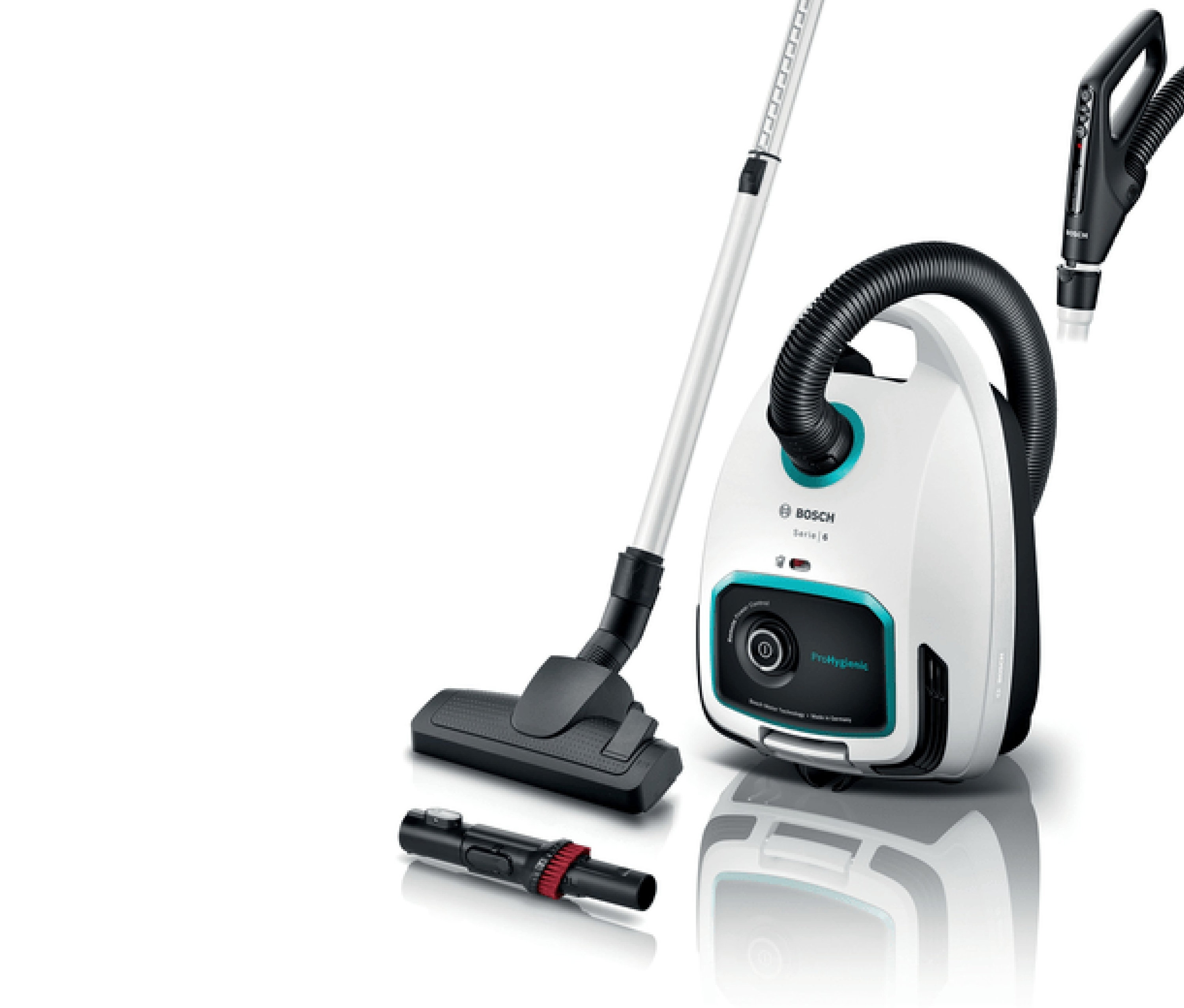 Weißer Bosch-Staubsauger mit Beutel »ProHygienic BGL6LHYG« mit Rohr, Duese und Aufsatz.