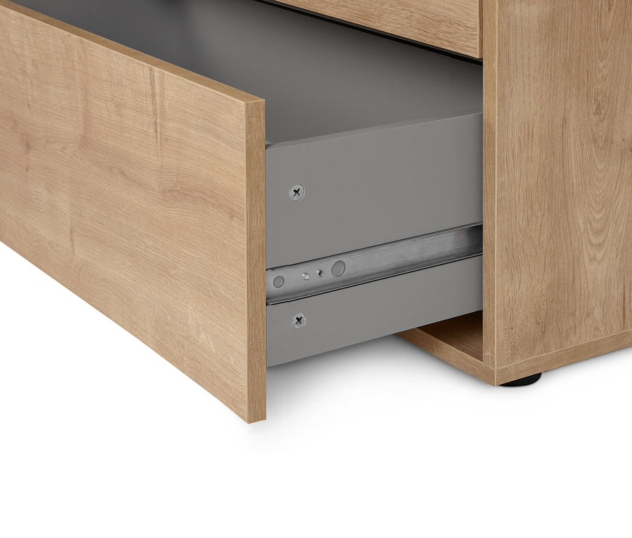 Detailansicht einer geöffneten Schublade des Eichen-Regalmoduls "Flemming", ca. 75 x 75 cm, mit 3 Schubladen.