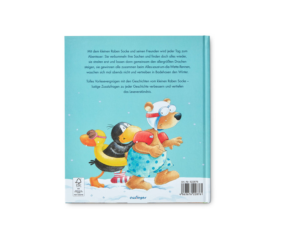 Cover des Buchs »Lustige Vorlesegeschichten vom kleinen Raben Socke« mit Illustration eines Bären und eines Vogels.