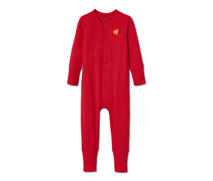 Roter Schlafanzug aus Bio-Baumwolle mit langen Ärmeln und Knopfverschluss.