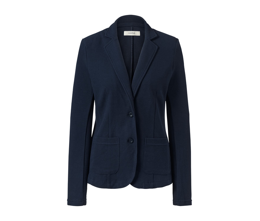 Marineblauer Sweatblazer mit zwei Knöpfen und Taschen.