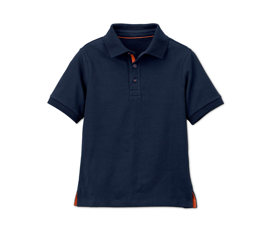 Dunkelblaues Poloshirt mit kurzen Ärmeln und orangefarbenen Details.