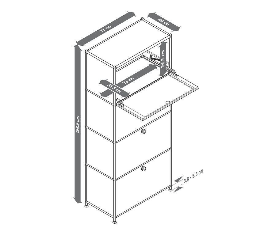 Abbildung eines Highboards Metall »CN3« mit 4 Klappenfächern, eines davon geöffnet.
