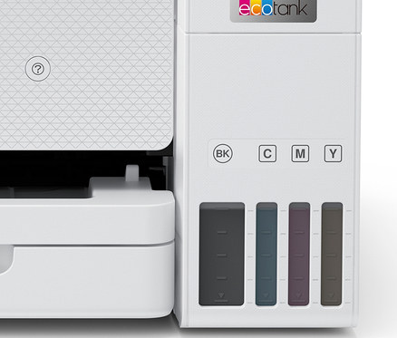 Detailansicht eines weißen Epson Multifunktionsdruckers EcoTank ET-4856 mit farbigen Tintentanks.