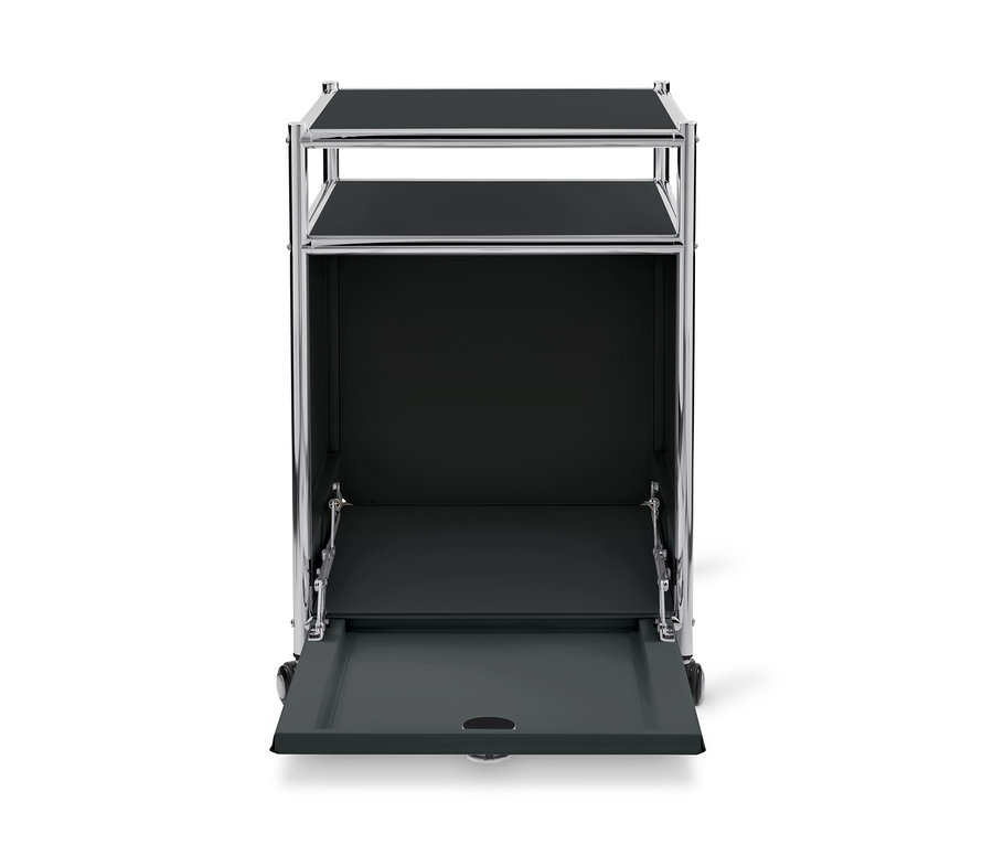 Schwarzer Rollcontainer Metall »CN3« mit geöffneter Klappe.