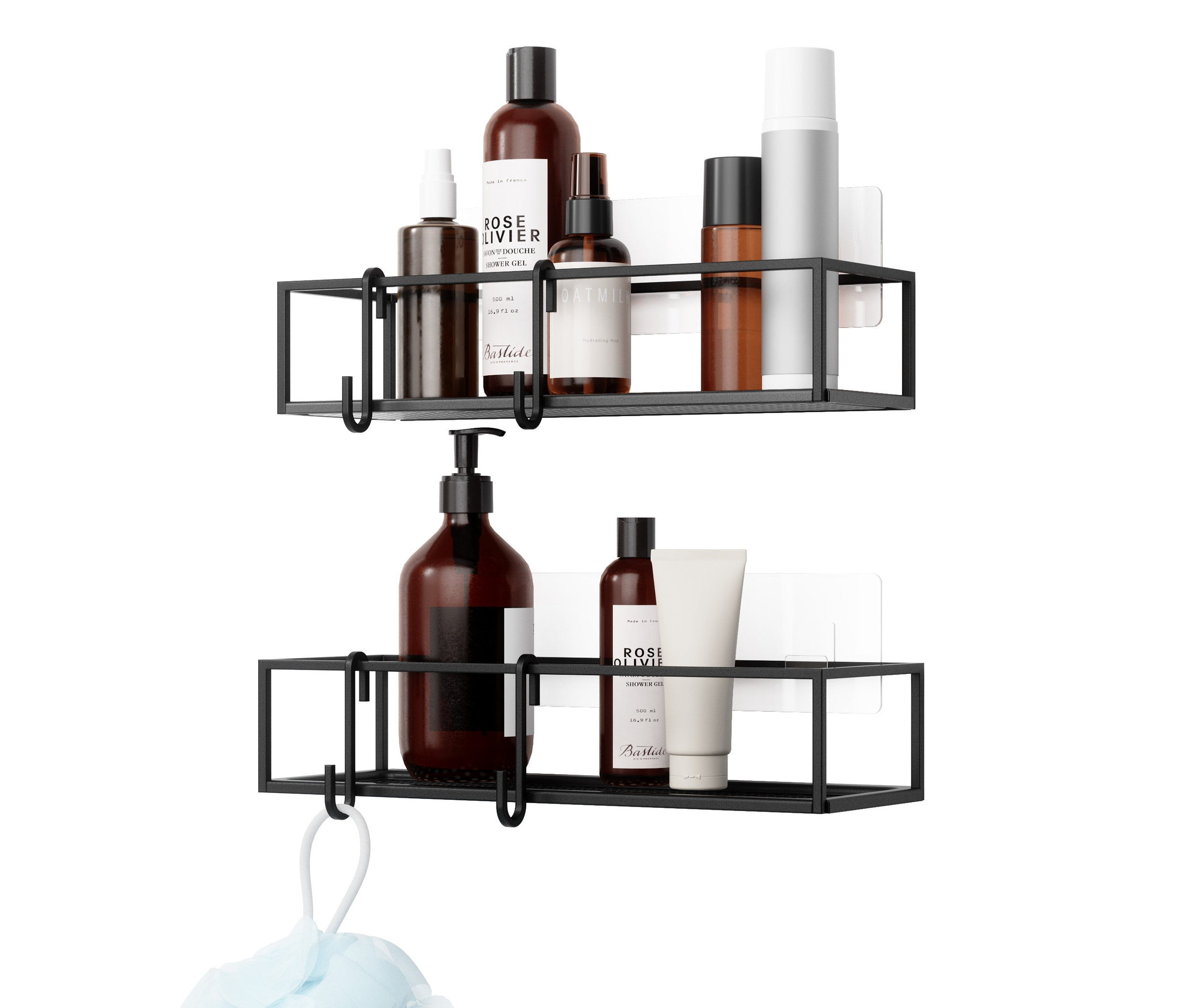 Zwei schwarze »Cubiko« Duschregale mit Duschgel und Hautlotion.