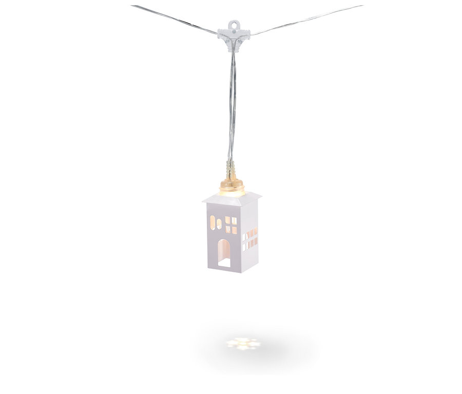 LED-Projektor-Lichterkette in Form eines weißen Häuschens.