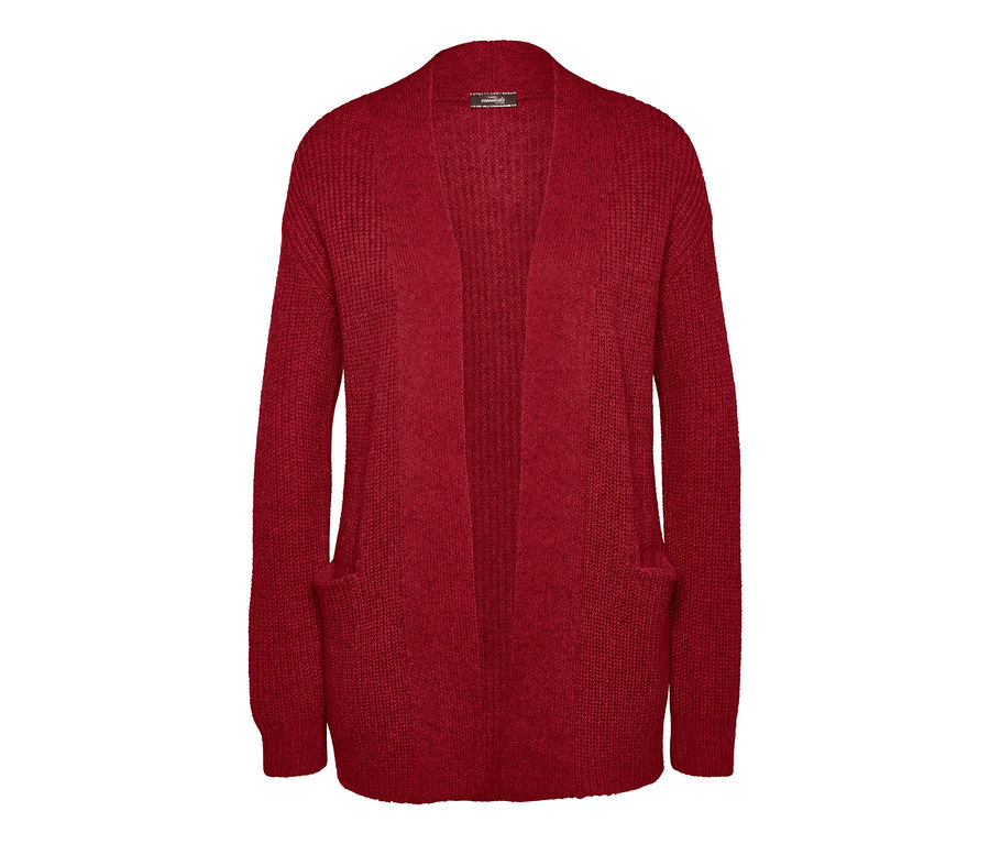 Eine offene, rote Strickjacke mit Taschen.