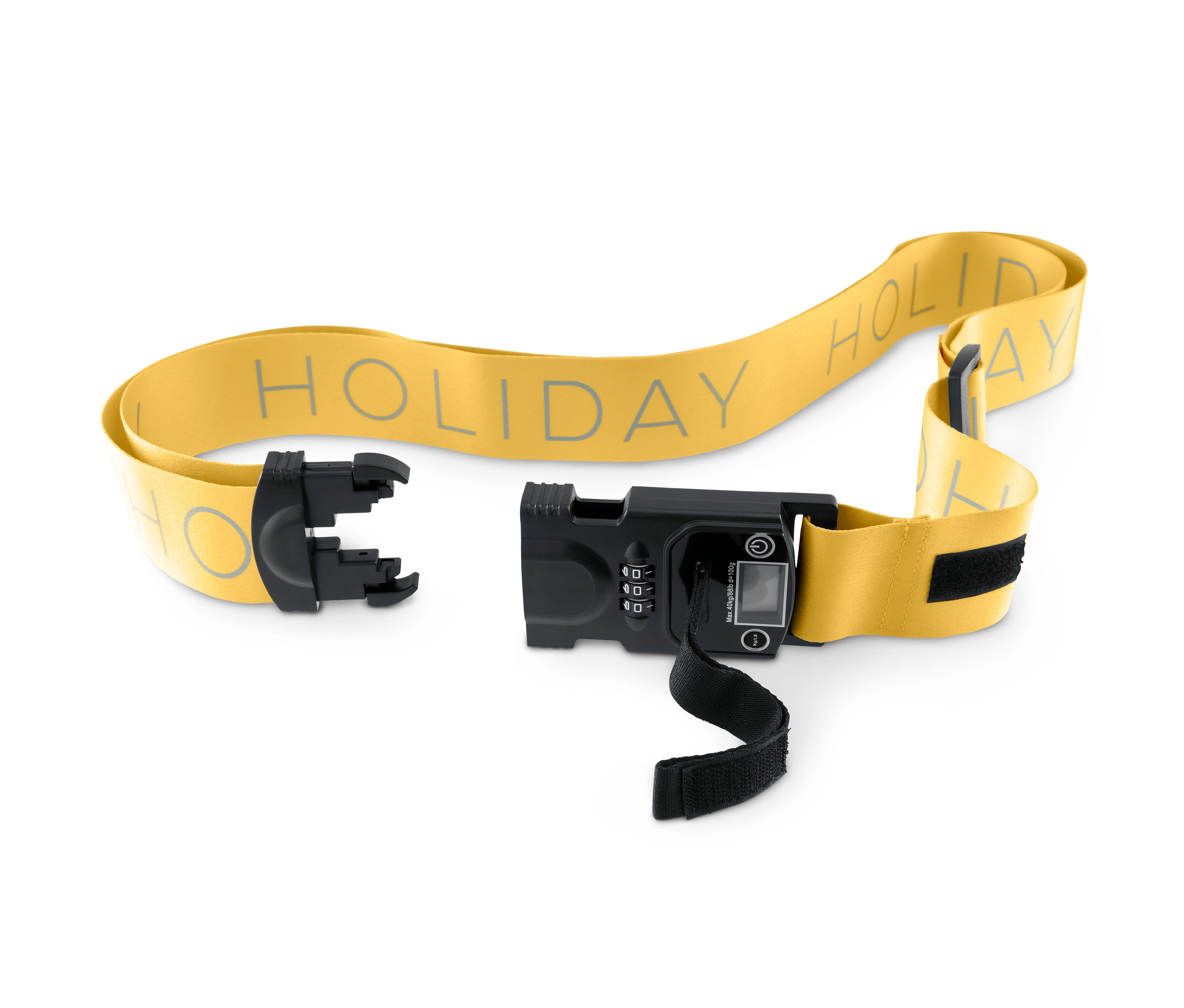 Gelber 3-in-1-Koffergurt mit schwarzer Waage und Schloss.