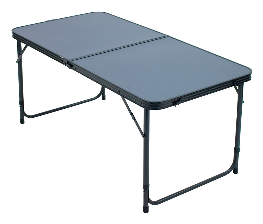 Rio-Brands Aluminium-Camping-Klapptisch, von schräg oben fotografiert.