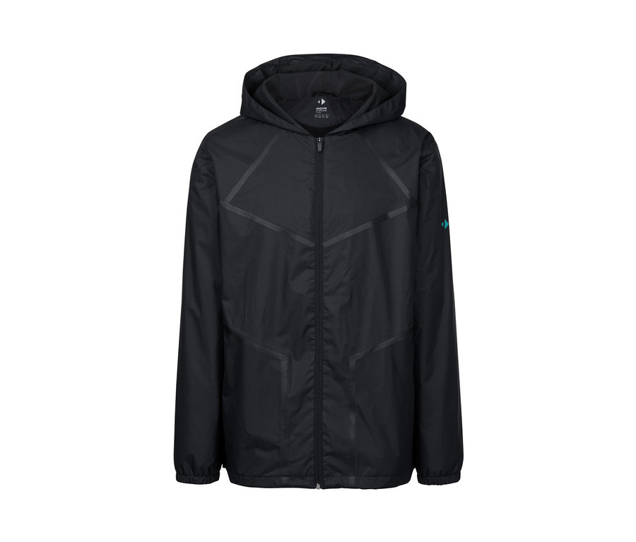 Schwarze Allwetterjacke mit Kapuze.