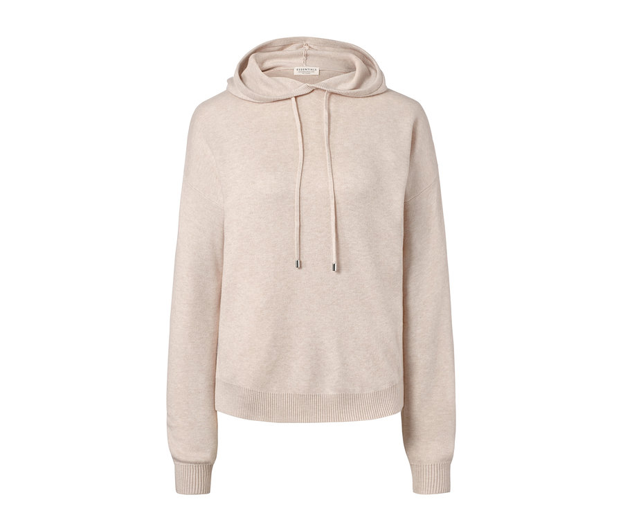 Cremefarbener Kapuzenpullover aus Strick mit Kordelzug.