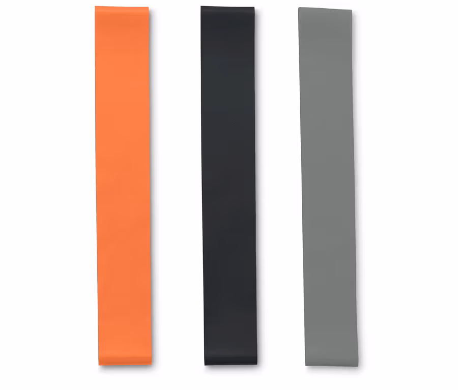 Drei Trainingsbänder in Orange, Schwarz und Grau.