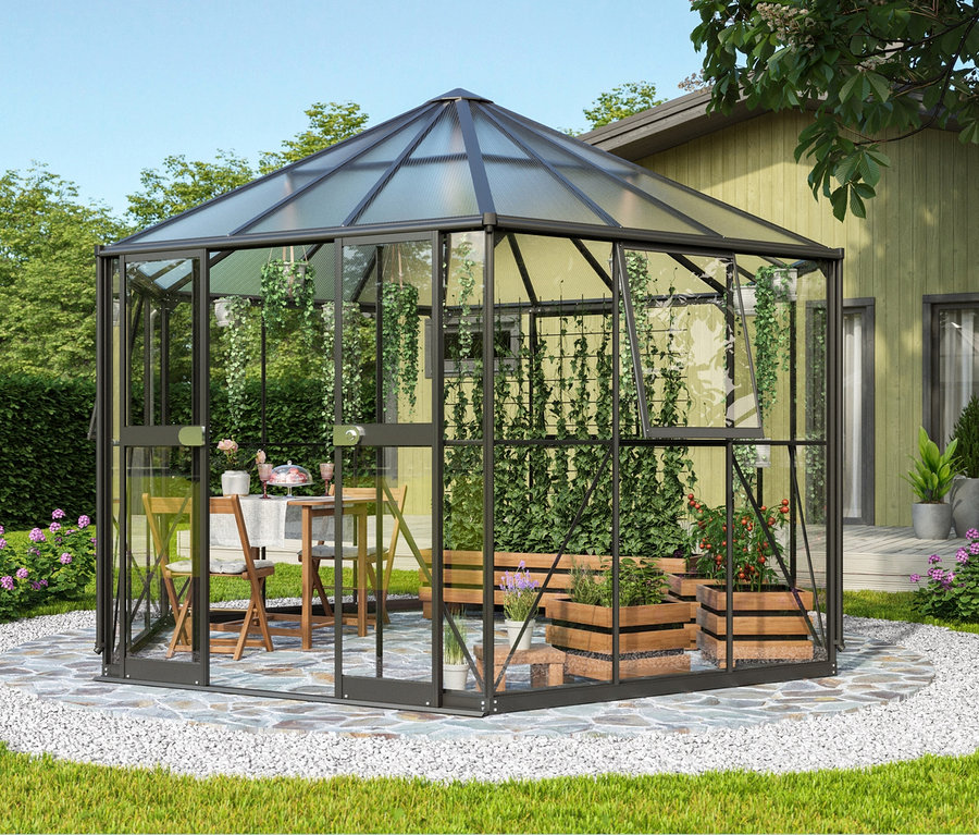 Vitavia Gewächshaus Pavillon 9 m² inkl. Fundamentrahmen, schwarz, steht auf einem Steinsockel, umgeben von grünem Rasen.