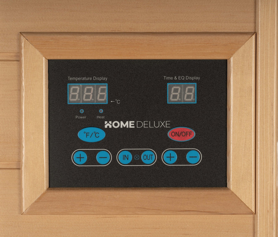 Detailansicht des Bedienfelds der Home-Deluxe-Infrarotkabine »REDSUN M«.