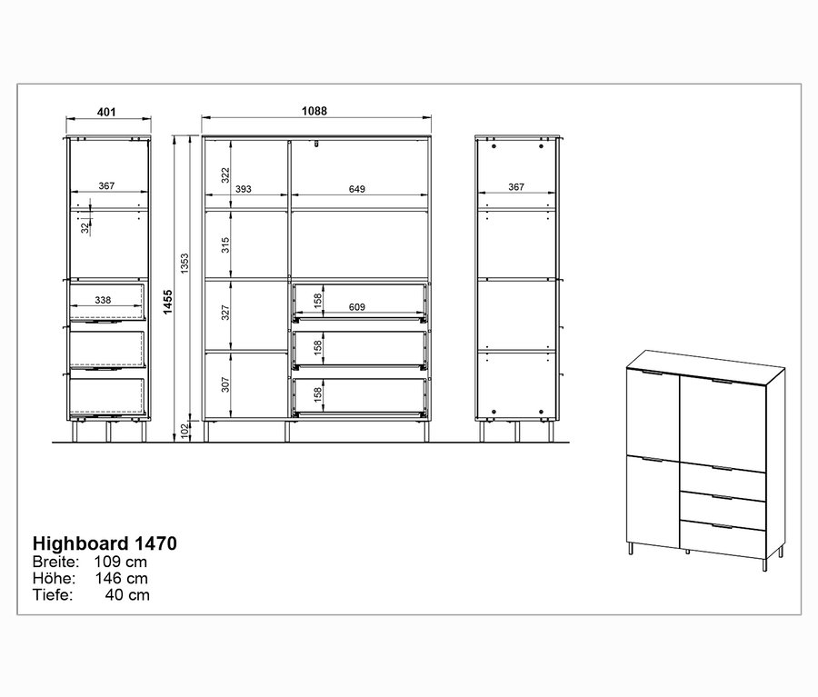 Technische Zeichnung eines graphitfarbenen Highboards »CALIFORNIA« mit Maßen.