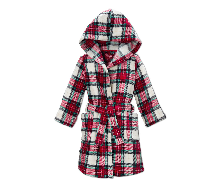 Bademantel mit Karomuster und Kapuze.