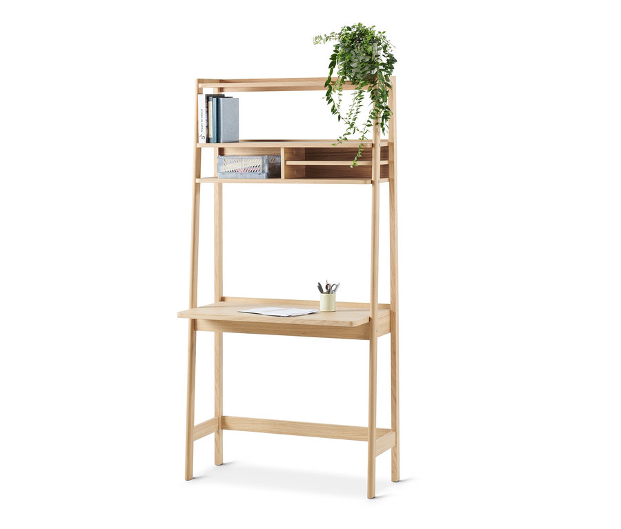 Ein Regal mit Sekretär, drei Regalböden, Büchern, einer Pflanze und einem Schreibtisch.