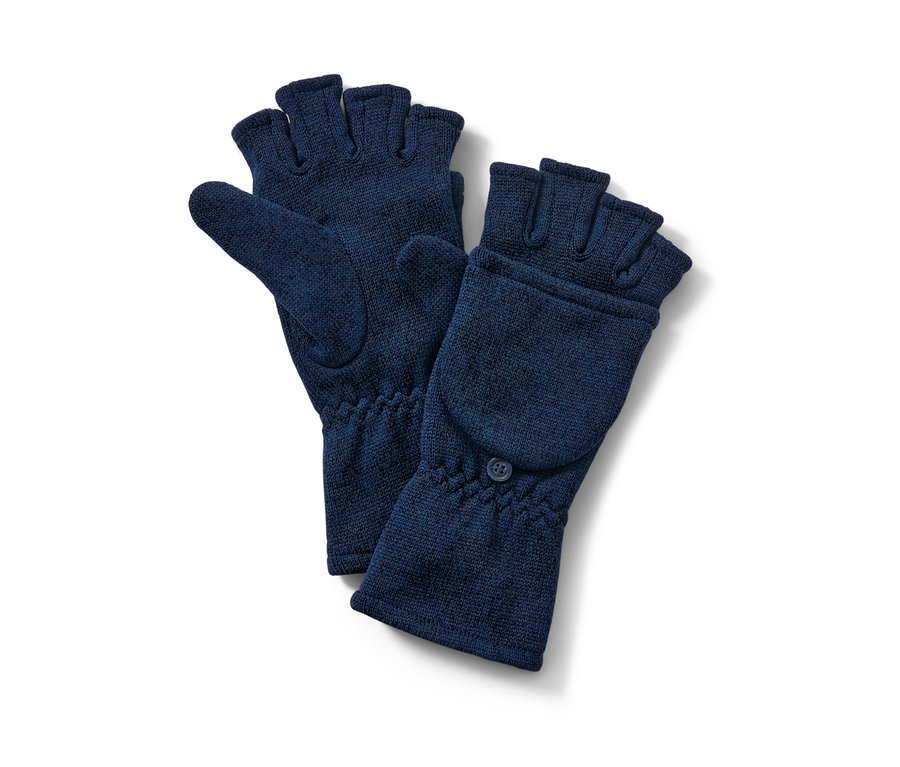 Blaue Strickfleece-Klappfäustlinge.