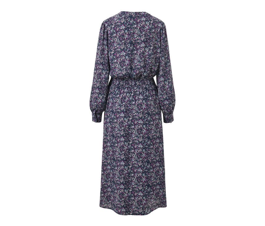 Detailansicht eines floralen Midi-Kleids für Damen.