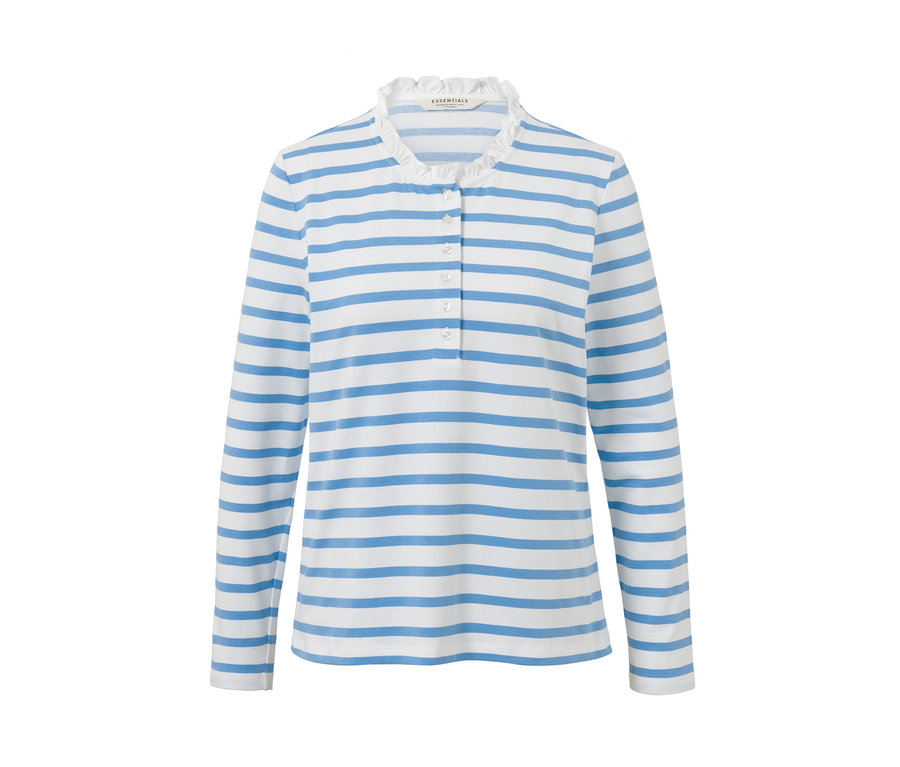 Ein blau-weiß gestreiftes Langarmshirt mit Rüschenkragen und Knopfleiste.