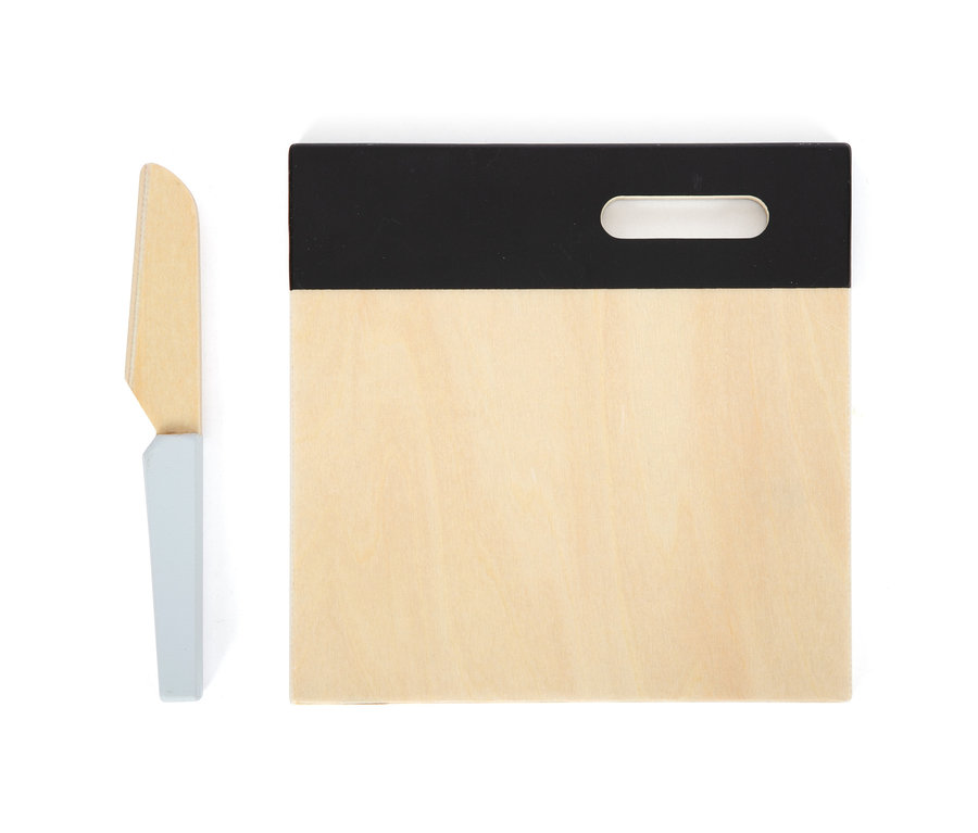 Holzschneidebrett mit schwarzem Griff und Holzmesser, small foot Sandwich-Kekse und Obst »fresh«.