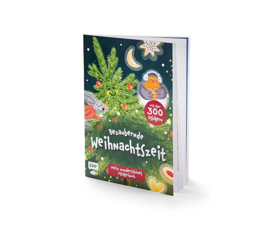 Aufgeschlagenes Stickerbuch "Bezaubernde Weihnachtszeit" mit weihnachtlicher Illustration.