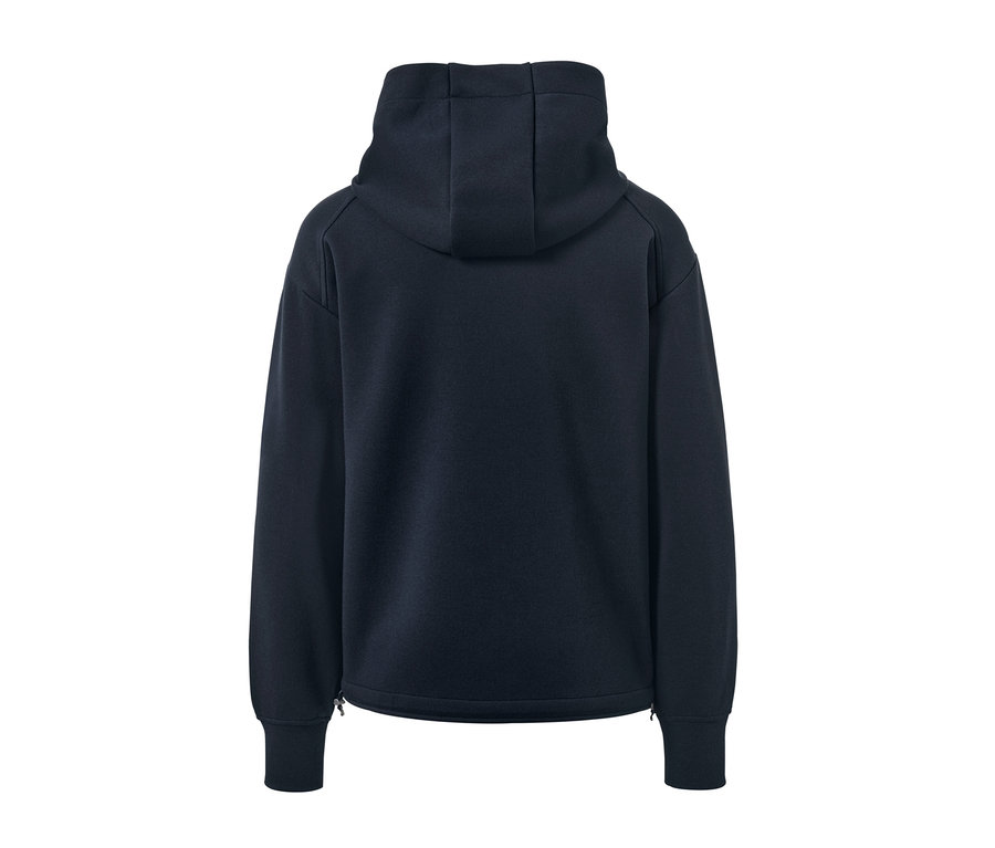 Rückansicht einer marineblauen Kapuzen-Sweatjacke.