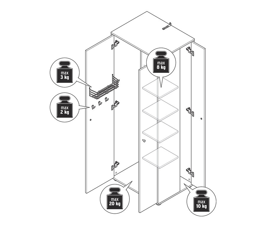 Umriss eines Universalschranks mit seitlichem Stauraum, mit offenen Türen und maximalen Gewichtsbegrenzungen.