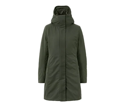 Khaki-farbener Thermo-Mantel mit Kapuze.
