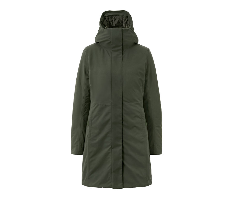 Khaki-farbener Thermo-Mantel mit Kapuze.