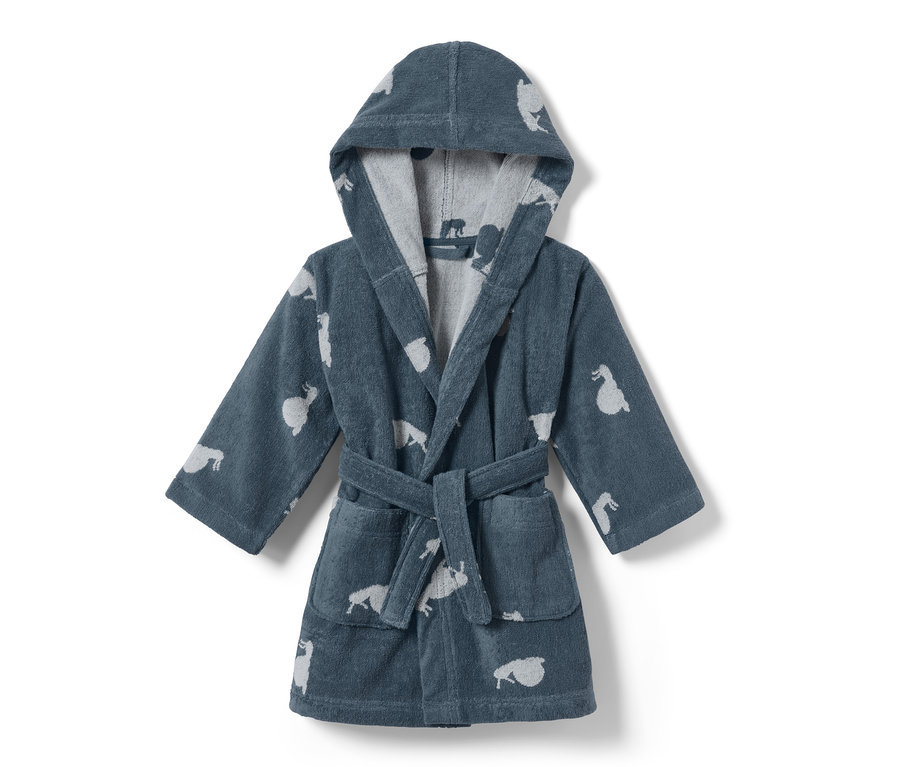 Blauer Kleinkinder-Bademantel mit Tiermuster.