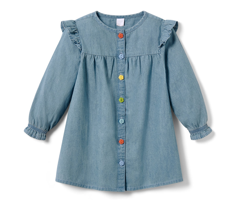 Blaues Baby-Denimkleid mit langen Ärmeln und bunten Knöpfen.