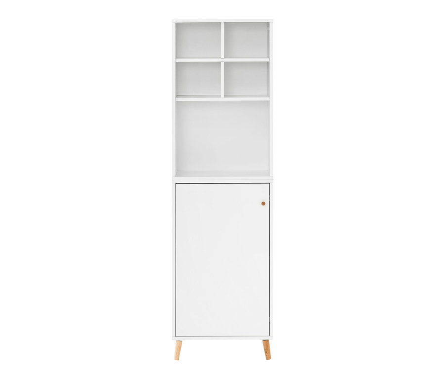 Weißes, dreiteiliges Büromöbel-Set mit Regalen und Schrank.