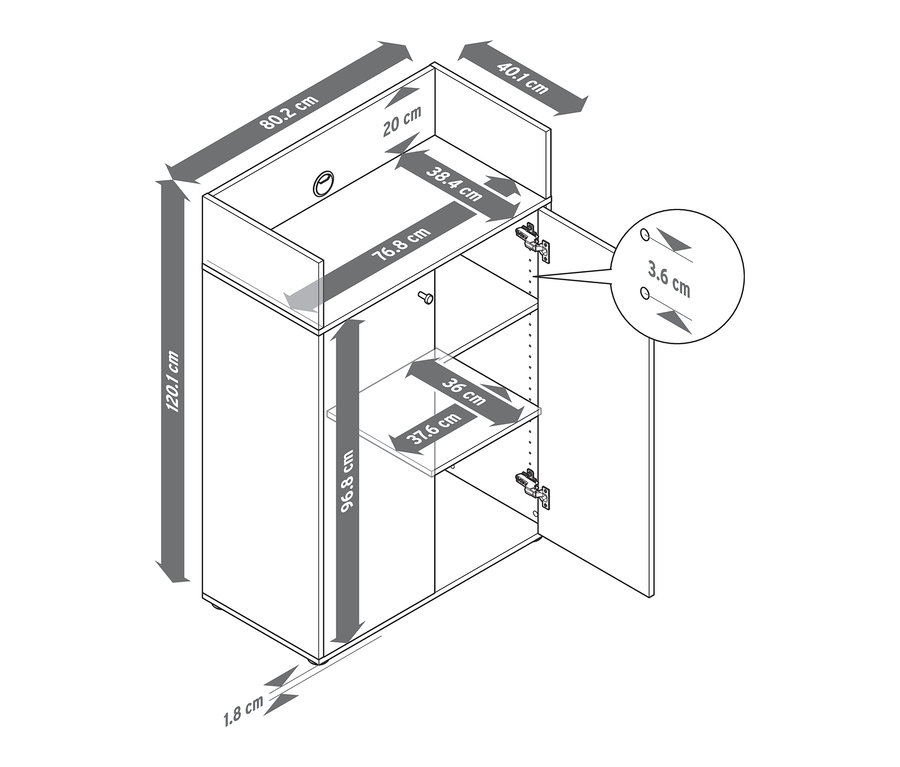Eine schematische Darstellung eines Highboards mit 2 Türen und Bemaßungen.