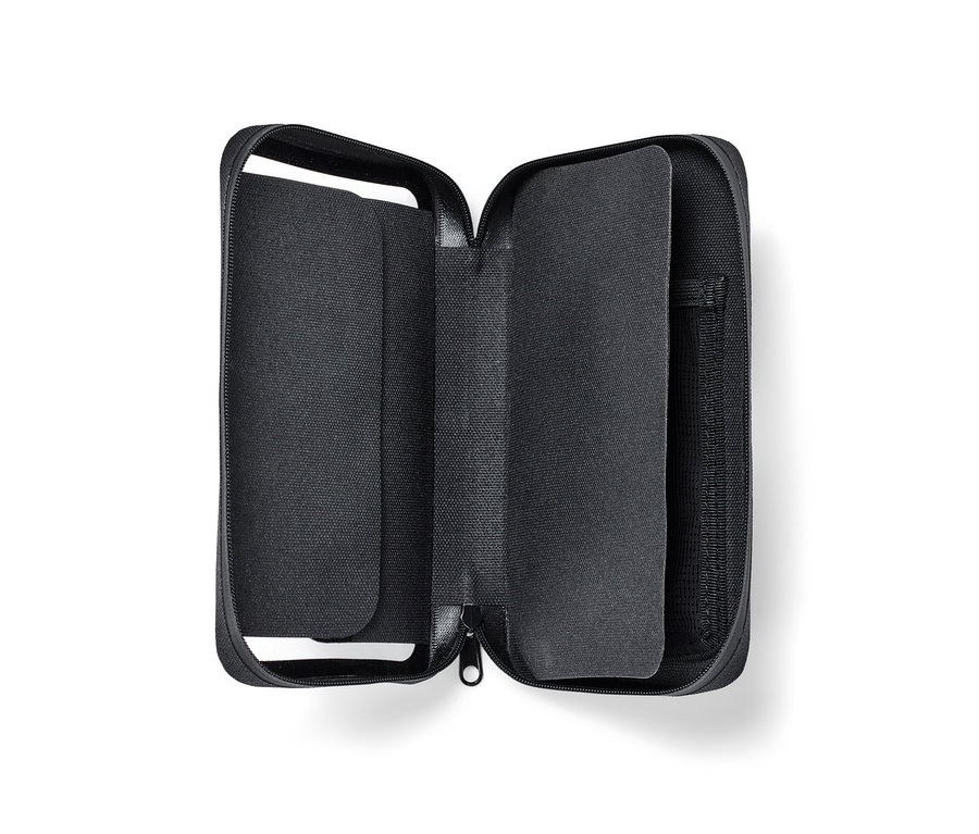 Geöffnete schwarze 2-in-1-Smartphonetasche.