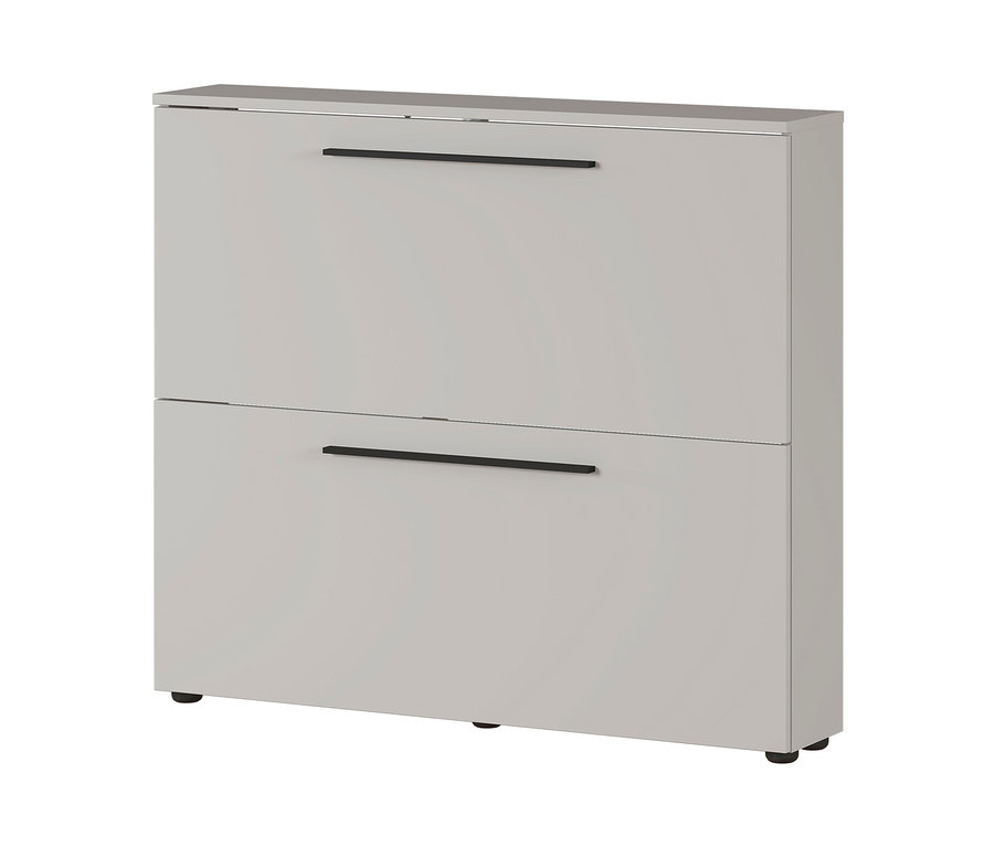 Eine vertikale Aufnahme eines Schuhschranks »Utah« in Kaschmir mit zwei Schubladen.