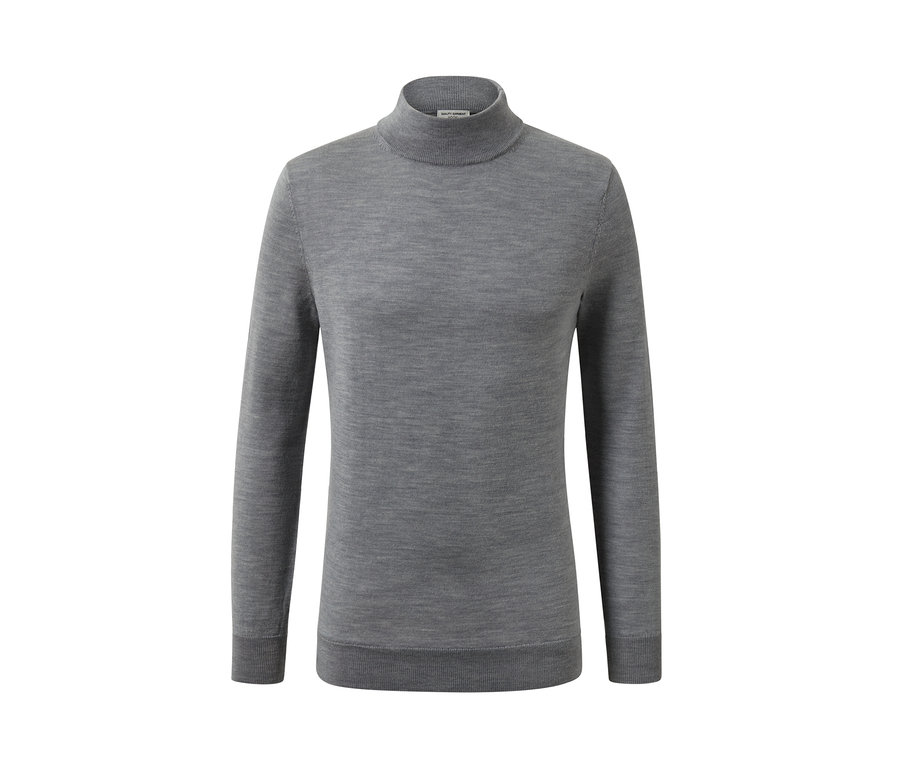 Grauer Merino-Pullover mit Rollkragen.