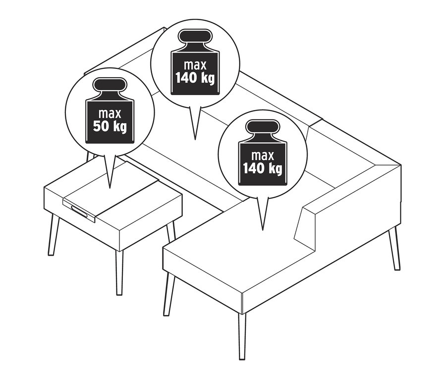 Schwarz-weiße Strichzeichnung eines Premium-Lounge-Sets mit Sitzhocker und Tablett, inklusive Gewichtsangaben.