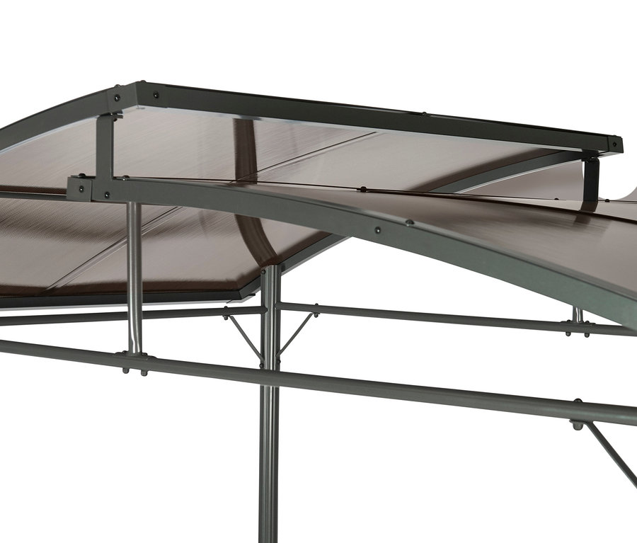 Detailansicht des oberen Teils eines Profi-Grillpavillons, XXL, mit braunem Dach und grauem Rahmen.