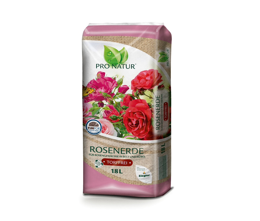 Ein Sack Rosenerde, 18 l, mit Rosenabbildung.