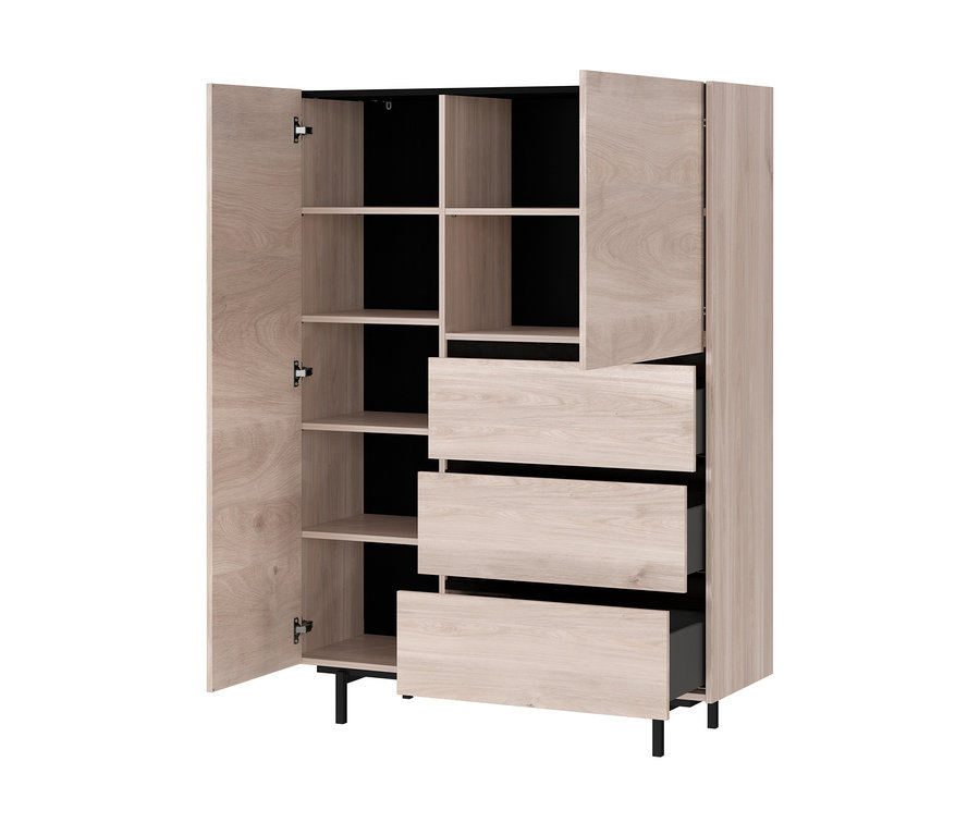 Offenes, helles Holz-Highboard »Cantoria« mit Regalen und Schubladen.