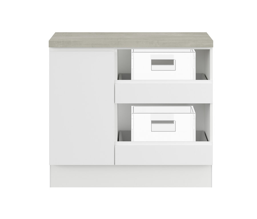 Weißes Unterschrankmodul mit Abfallsammler, links, beton.