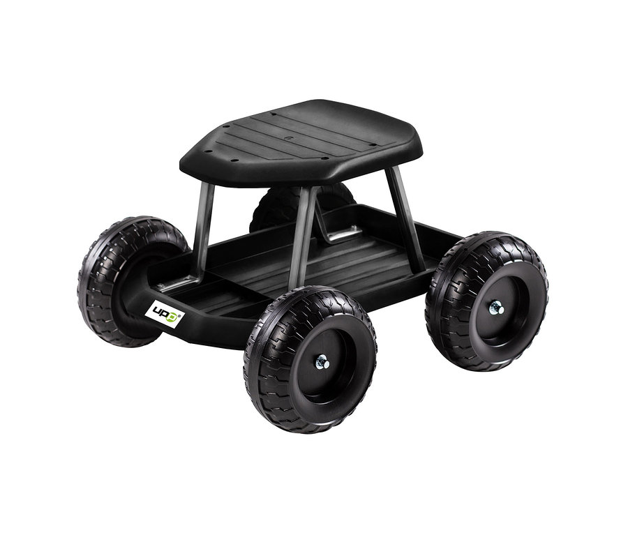 Schwarzer Rollsitz-Gartenwagen.