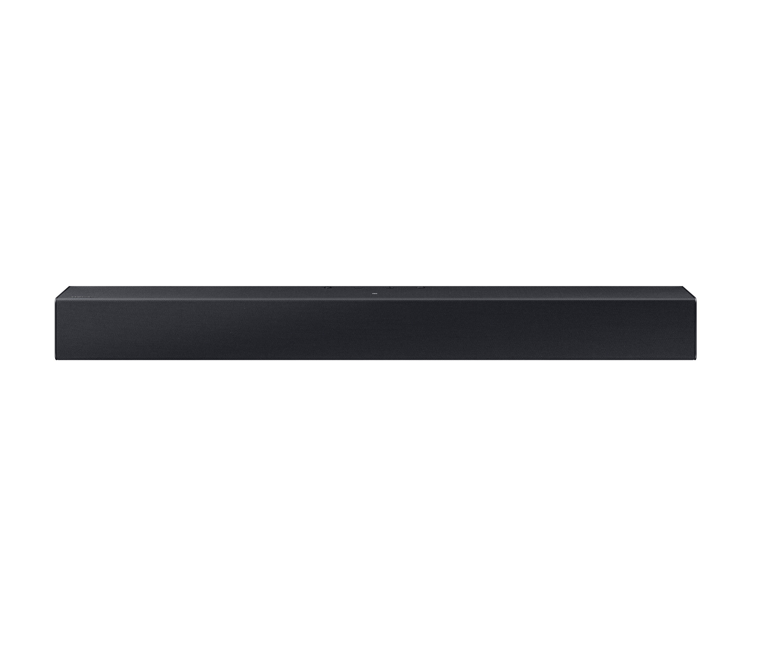 Schwarze Soundbar auf weißem Hintergrund. Die Samsung HW-C410G/ZG 2.0-Kanal-Soundbar mit integriertem Subwoofer ist zu sehen.