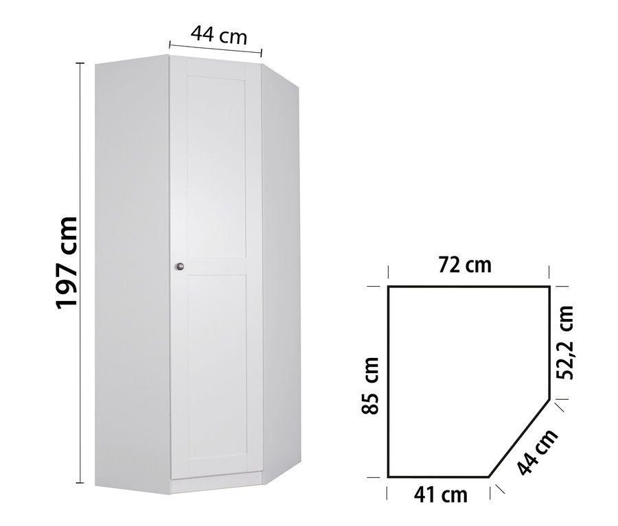 Weißer Rauch Eckschrank »Skagen« und eine Skizze mit Abmessungen.