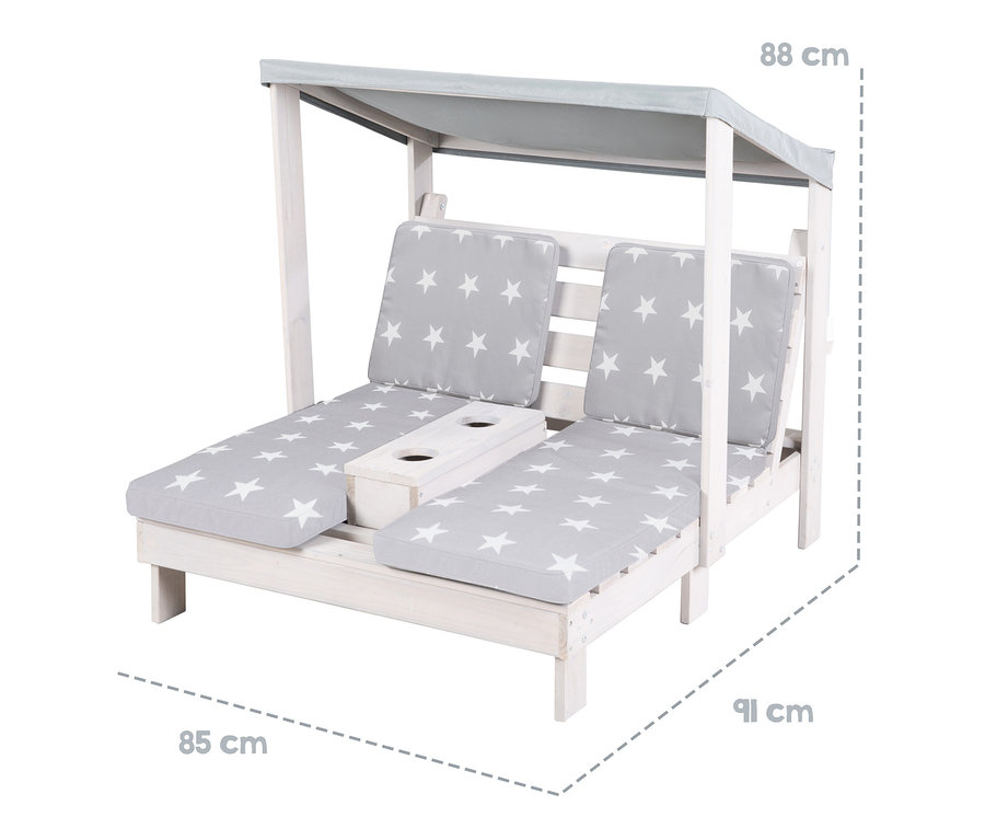 roba 2er-Gartenliege für Kinder mit grauen Kissen mit weißen Sternen und grauem Baldachin.